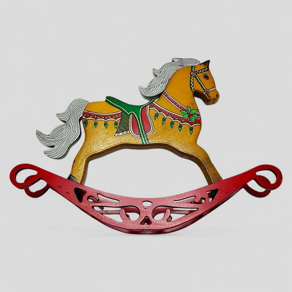 Vtg Christmas Hand Painted Wooden Rocking Horse Toy JAC Holiday Decor Folk Art - Picture 5 of 13
